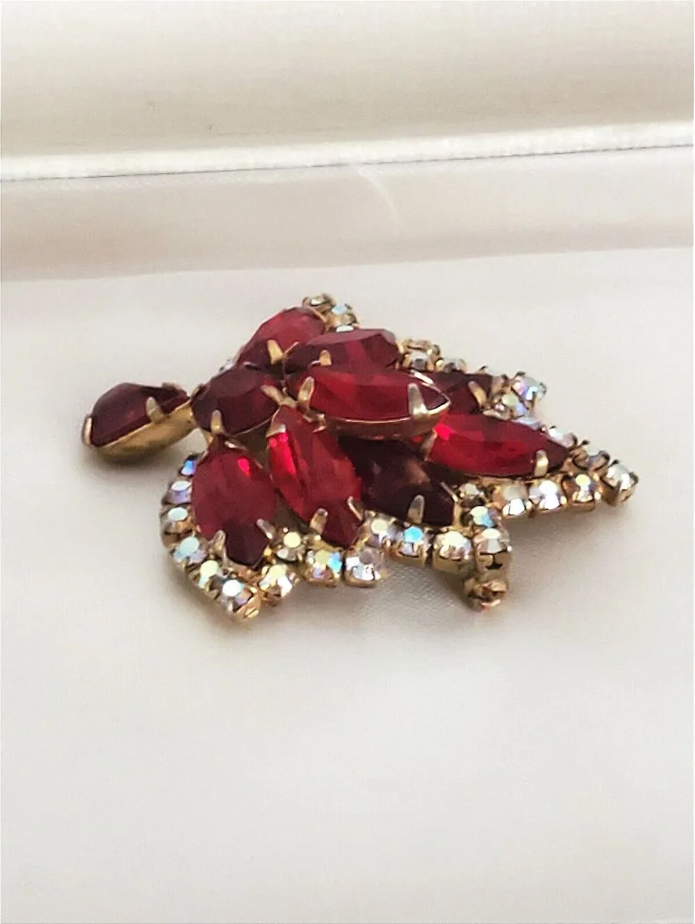 Vintage Red Rhinestones & Aurora Borealis Crystal Brooch